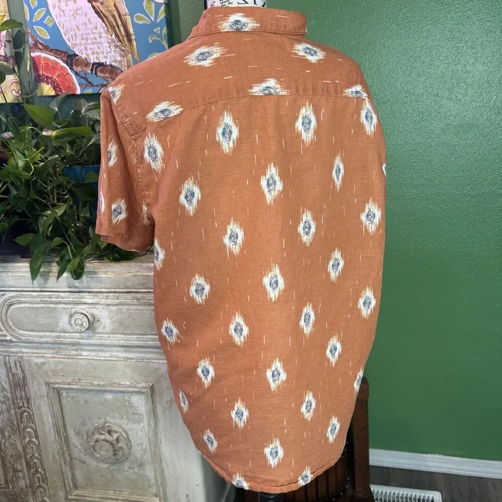 Vtg Men's Linen Blend Southwestern Style Button Up Orange Medium Coastal Country
